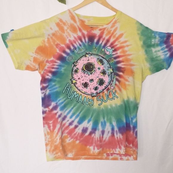 Humans Suck Aliens Space Colorful Tie-Dye T-Shirt Medium - Picture 2 of 5